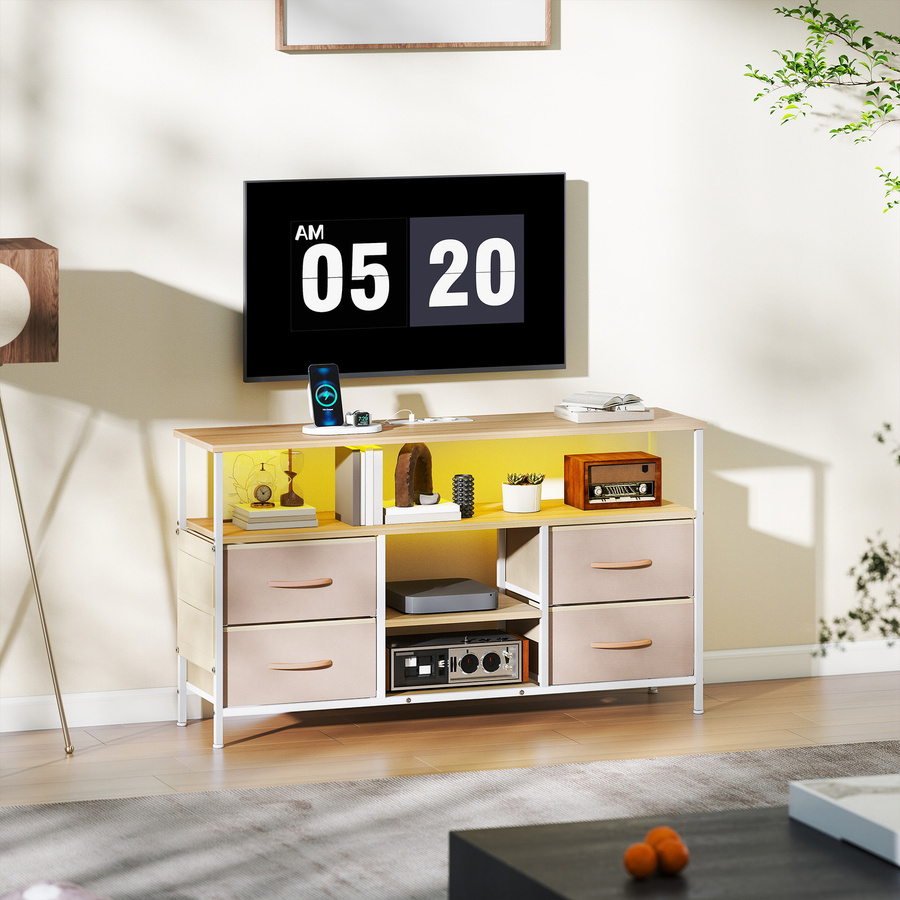 HOMCOM TV-Möbel mit LED-Licht in Beige und Natur für Fernseher bis zu 50 Zoll mit Steckdosen, USB-Ports, offenen Regalen und 4 Stoffschubladen - Bild 2