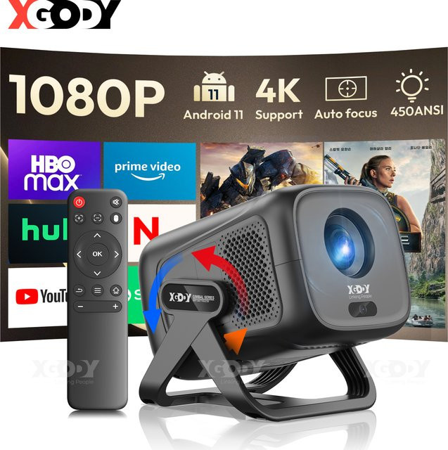XGODY 4K Beamer mit Android 11, 450 ANSI, Autofokus, Keystone-Korrektur und 360 Grad Rotation, Schwarz - Bild 1