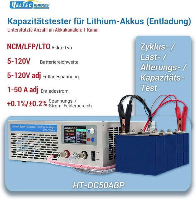 Heltec Batteriekapazitätsanalysator HT-DC50ABP HT-CC50ABP in Silber mit einstellbarem Strom 1-50A und 5-120V für Lithium-Blei-Säure, LiFePO4, NCM und Ni-MH Batterien - Bild 1