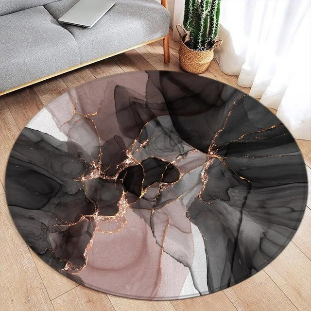 Runder Bereichsteppich HGHT mit abstraktem Marmor-Design in Grün und Gold, moderner Luxusteppich aus Polyester für Wohnzimmer oder Schlafzimmer, Durchmesser: 140 cm - Bild 1