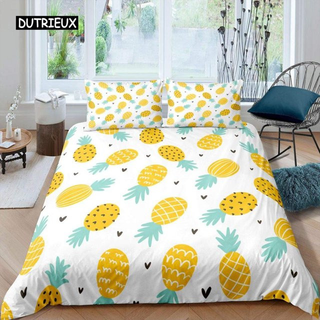 Jinmeige Bettwäsche Set mit Ananas-Print in Gelb und Weiß, Geometrisches Fruchtmuster, B/H: 140 x 210 cm - Bild 1