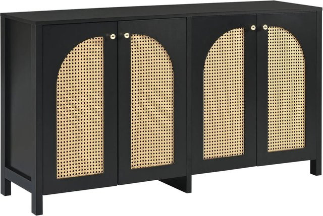 PXloue Sideboard mit 4 Rattantüren und Metallgriffen in Weiß, B/H/T: 145 x 80 x 40 cm - Bild 1
