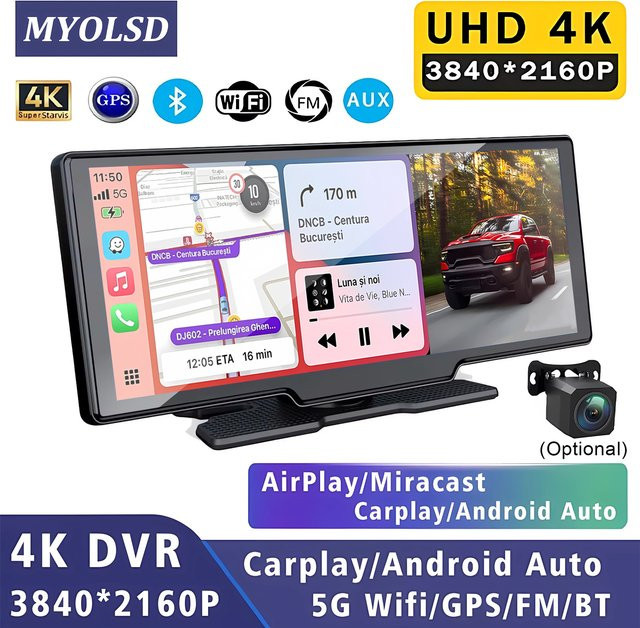 MYOLSD 4K Dashcam Auto-DVR mit Carplay und Android Auto, Rückspiegelkamera mit GPS, 5G WLAN und Bluetooth, Schwarz - Bild 1