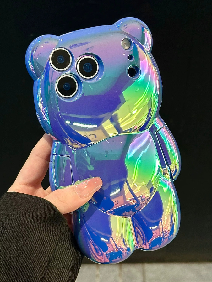 Stoßfeste Handyhülle mit buntem 3D-Bären-Design und Farbverlauf für Apple iPhone 12 bis 17 Pro Max, transparent und pink - Bild 4