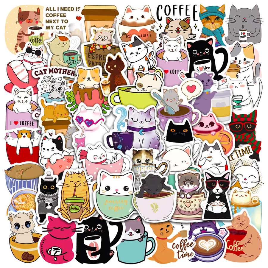 50 Stück wasserfeste Aufkleber Set mit Katzen und Kaffee Motiven von BulingBulingStickers Shop in Multicolor - Bild 3