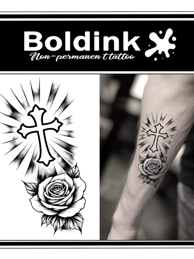BOLDINK Tattoo-Aufkleber, Unisex, Retro Gothic Cross Rose - Bild 4