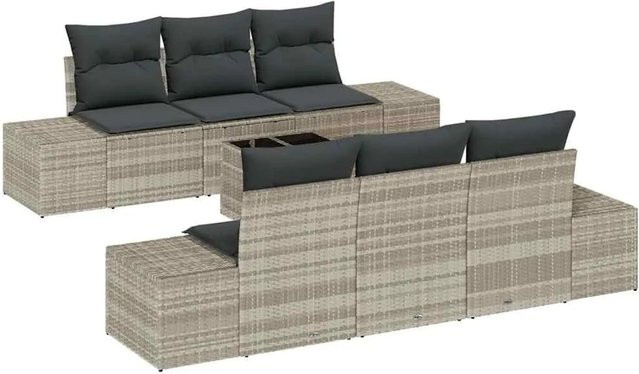 vidaXL Garten-Sofa-Set 7-teilig aus Polyrattan in Hellgrau mit Tisch und Polsterkissen in U-Form - Bild 1