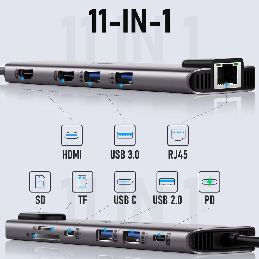 Lemorele 11-in-1 USB-C Hub in Grau mit 4K HDMI, 100W PD, RJ45 Ethernet, SD/TF-Steckplatz und 480 Mbps Datenübertragung für Mac und Windows - Bild 2