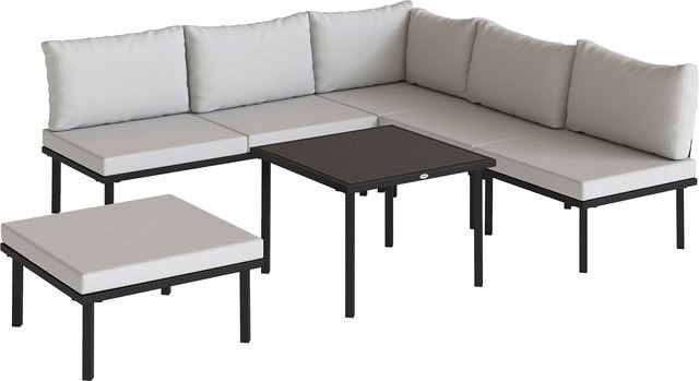 Outsunny 6-teiliges Gartenlounge-Set in L-Form mit Polstern und Glastisch, Hellgrau - Bild 1