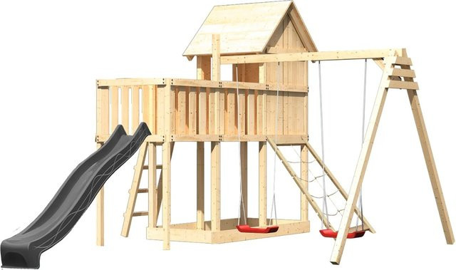Karibu Spielhaus Frieda aus Massivholz mit Rutsche, Doppelschaukel, Plattform und Rampe in Anthrazit - Bild 1