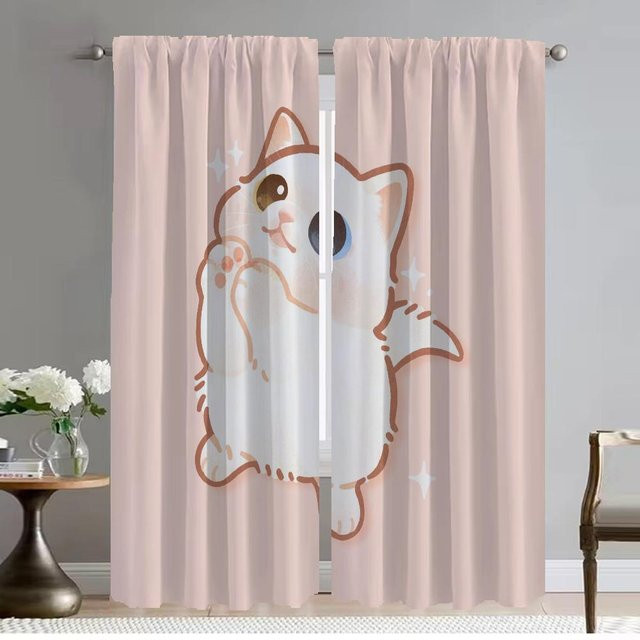 2er-Set Tüll-Vorhänge mit Katzen-Motiv in Pink für Wohnzimmer und Schlafzimmer, Breite: 50 cm, Höhe: 70 cm - Bild 1