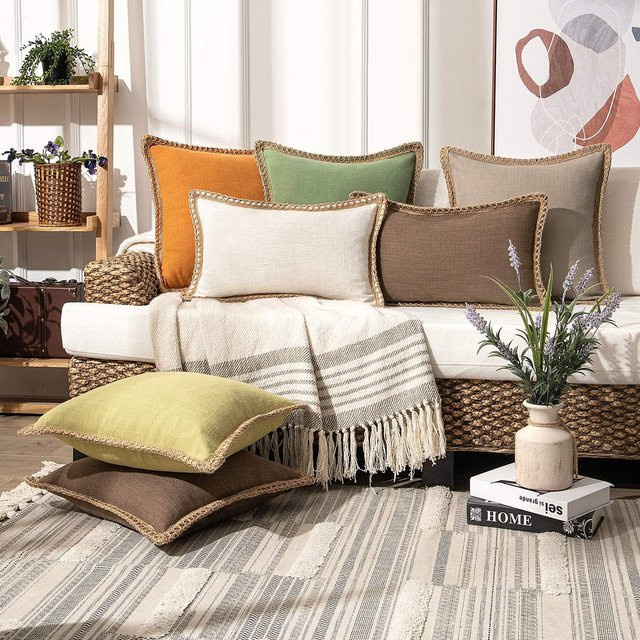Inyahome Kissenbezüge im Bauernhaus-Stil aus Leinen in Lila mit dekorativen Kanten für Herbst und Outdoor - Bild 1