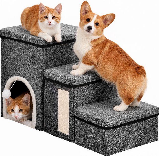 Jianyana Hundetreppe für kleine Hunde und Katzen, faltbare Haustiertreppe mit Aufbewahrungsbox und Katzenkratzbrett, verstellbare Hundestufen in Anthrazit und Grau - Bild 1
