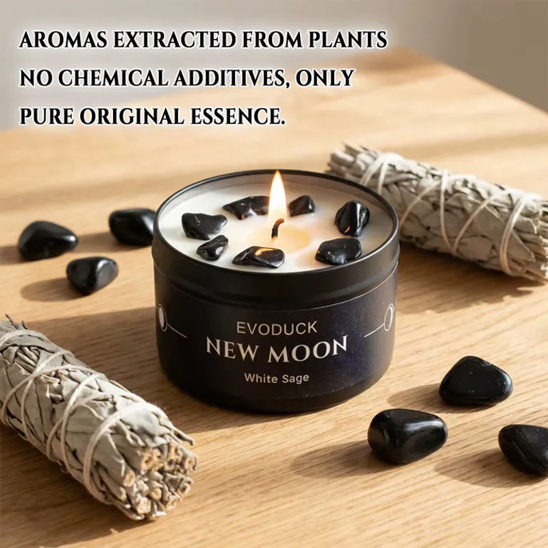 EVODUCK Neumond Duftkerze aus Sojawachs mit schwarzen Kristallsplittern in schwarzer Dose, 85 g - Bild 5