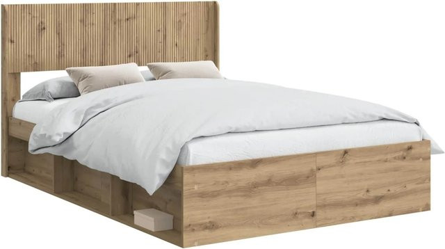 vidaXL Bettgestell mit Kopfteil und Stauraum in Artisan-Eiche, Farbe Braun, B/T/H: 140 x 190 x 141,5 cm - Bild 1