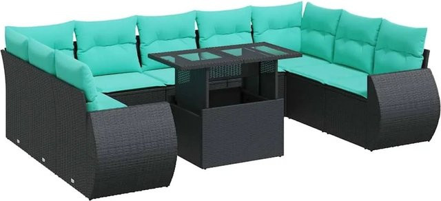 vidaXL 10-teilige Garten-Sofagarnitur aus Poly-Rattan mit Kissen in Schwarz und Blau - Bild 1