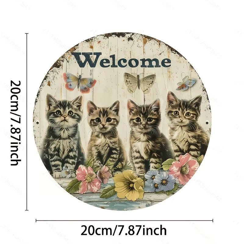 CIFBUY Metallschild Cute Cats Welcome Vintage Wanddekoration aus Aluminium, Durchmesser: 20,3 cm, Mehrfarbig - Bild 2