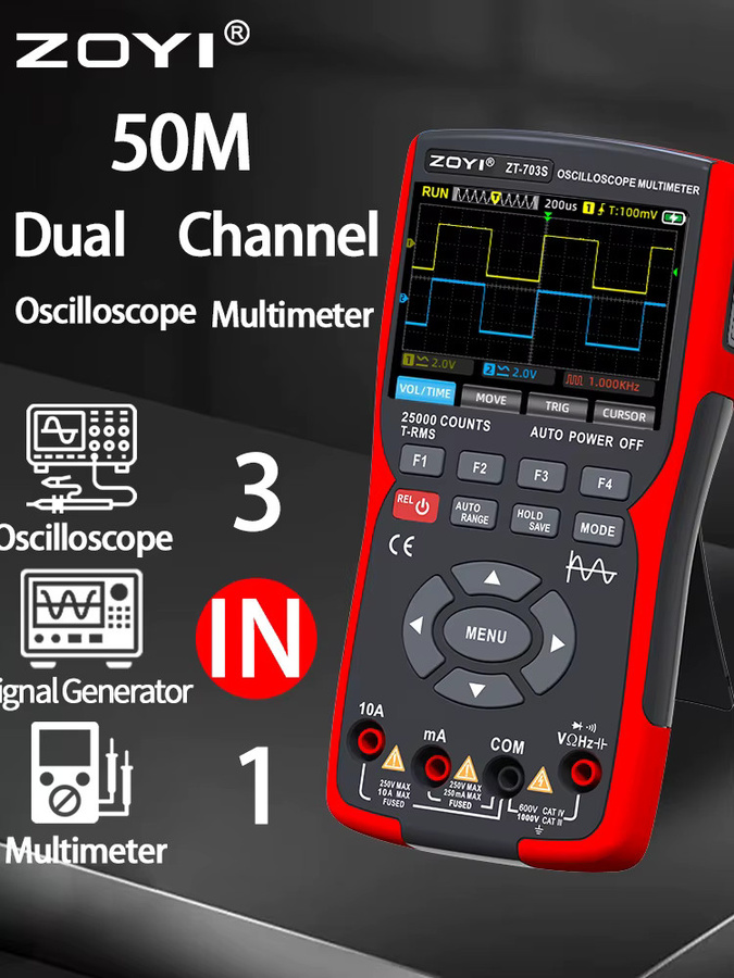 Zoyi ZT-703S 3-in-1-Oszilloskop-Multimeter in Schwarz mit 2,4-Zoll-IP-Display, 3,5 Zählungen, Zweikanal-50-MHz-Bandbreite und 25000 msa/s - Bild 2