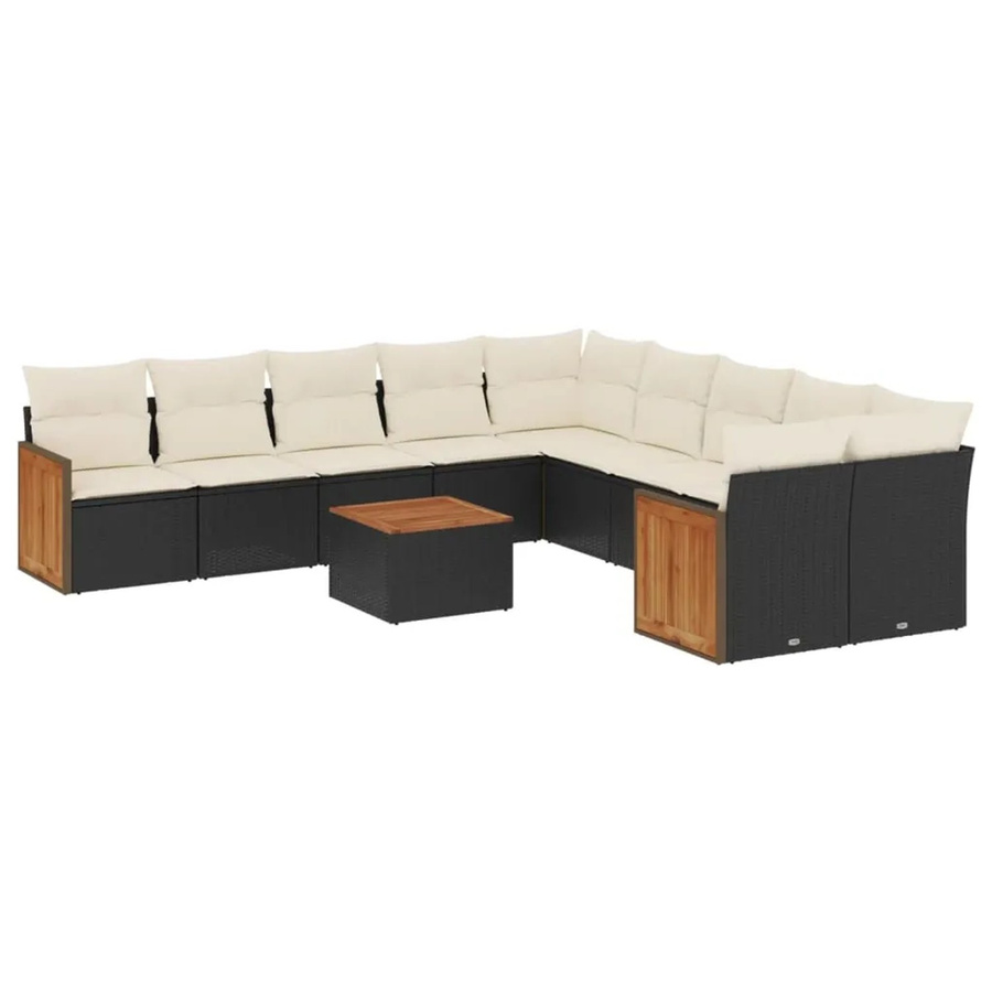 vidaXL 11-tlg. Garten-Sofagarnitur in U-Form aus schwarzem PE-Rattan mit Kissen und Akazienholz - Bild 2