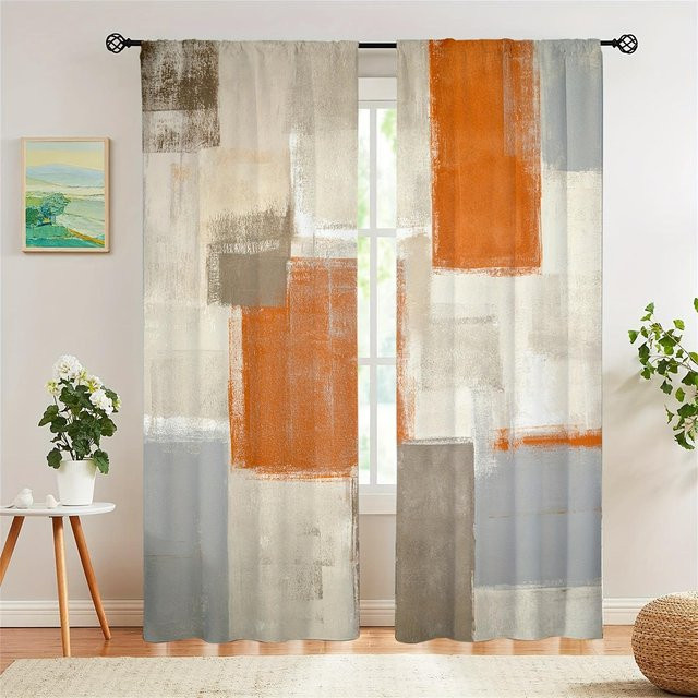 Yiran Furniture 2-teiliges Fenstervorhang-Set mit abstraktem Grafikprint, semi-transparent, Farbe Orange, B: 50 cm, H: 130 cm - Bild 1