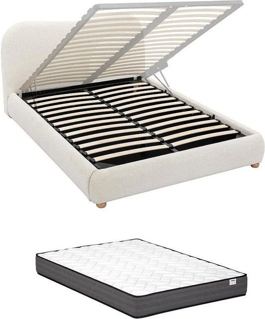 Vente-unique Bett Vanari mit Bettkasten und Bouclé-Bezug in Weiß, B/T/H: 160 x 200 cm - Bild 1