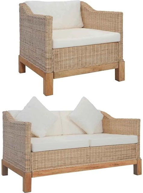 vidaXL 2-teilige Gartenmöbel-Garnitur aus Rattan und Mango-Holz mit Kissen in Beige und Weiß - Bild 1