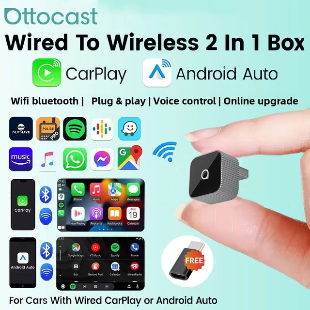 Ottocast Mini Slim Adapter für kabelloses CarPlay und Android Auto, WLAN Smart-Dongle in Schwarz oder Silber mit USB-A und USB-C Anschluss - Bild 1