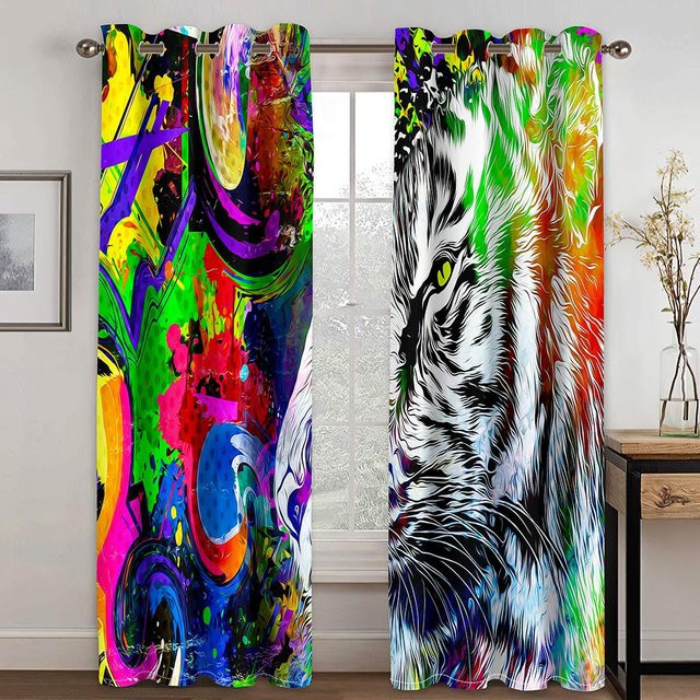 Dominierender Tiger 3D Digitaldruck Vorhangstoff mit Ösen für Wohnzimmer und Schlafzimmer, 2er-Set, Mehrfarbig, Breite: 50 cm, Höhe: 130 cm - Bild 1