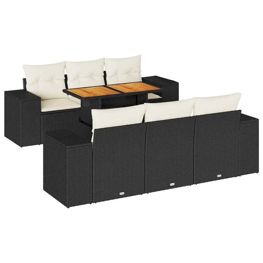 vidaXL 7-teilige Garten-Sofagarnitur aus Poly-Rattan und Akazienholz in Schwarz mit Kissen und Stauraum - Bild 2