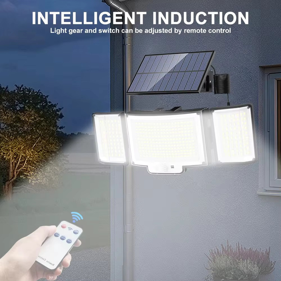Solar-Außenleuchte mit 366 LED und Bewegungssensor, IP65 wasserdichte Solar-Sicherheitsleuchte mit Fernbedienung und 1800 mAh Akku, 3-Kopf-Weitwinkel-Flutlicht in Schwarz für den Garten - Bild 7