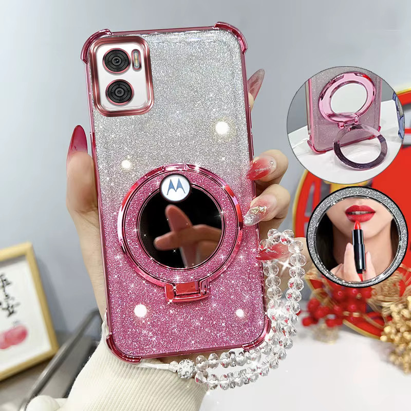 Stoßfeste Motorola Handyhülle mit Glitzer-Design, Spiegelständer und Perlenarmband für Moto E22 E22i E22 22i in Schwarz oder Pink - Bild 1