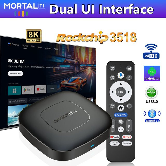 LVMAO T1 Smart TV Box Android 14.0 mit RK3518 Quad Core, 4K UHD Streaming Media Player mit Wi-Fi 6 und Google Sprachfernbedienung, Schwarz - Bild 1