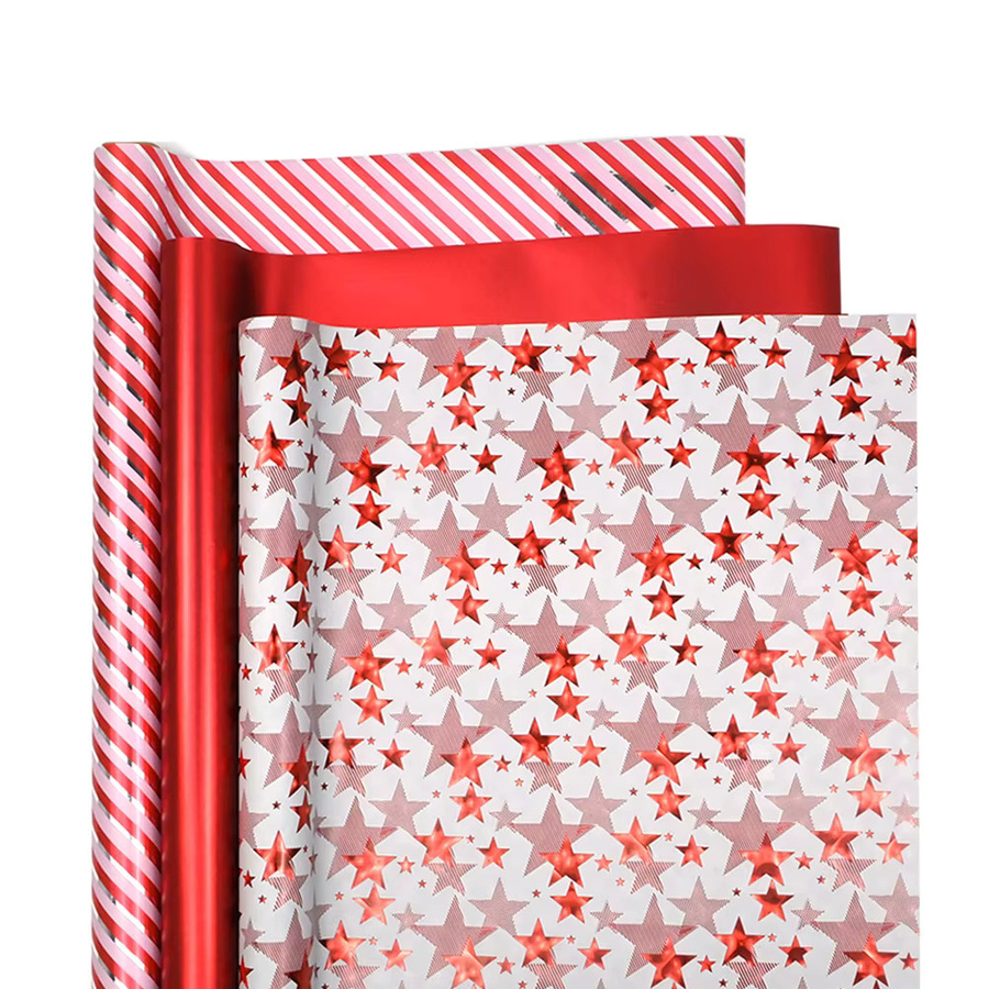 3 Rollen Geschenkpapier mit rotem Stern für Hochzeit, Geburtstag und Party, B: 43,18 cm, L: 304,8 cm pro Rolle - Bild 2