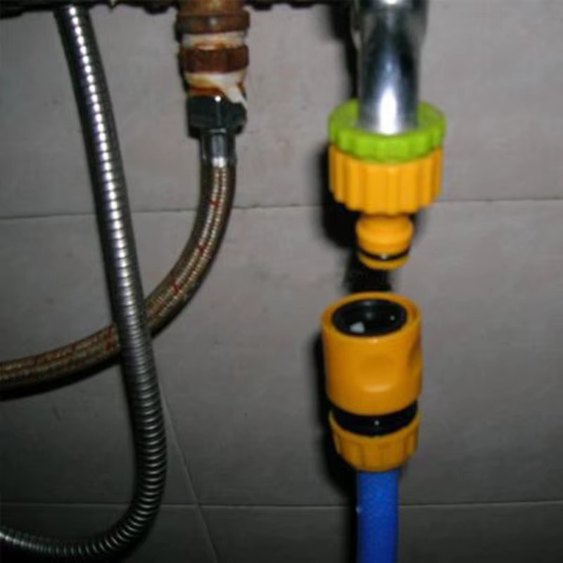 3er Set Garten Schlauch Anschluss Adapter mit 4-Wege-Verteiler und Schnellkupplung 1/2 Zoll in Orange - Bild 2