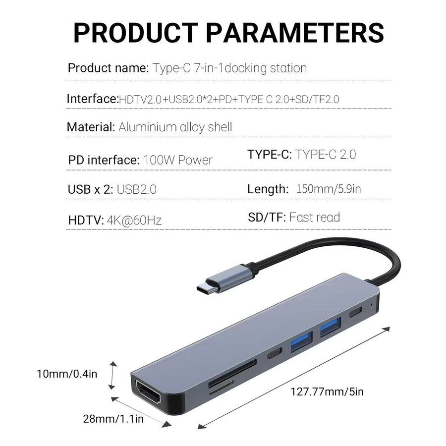Generic 7-in-1 USB-C Hub aus Aluminium mit HDMI 4K, USB 3.0, PD 100W und Kartenleser Dockingstation - Bild 6