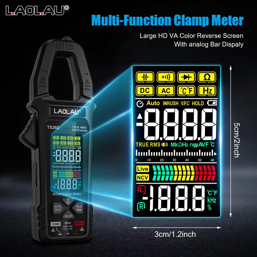 LAOLAU Digitales Zangenmultimeter TS26A TS26D mit Farbbildschirm, Phasenfolge und automatischer Reichweite für AC/DC-Strom - Bild 2