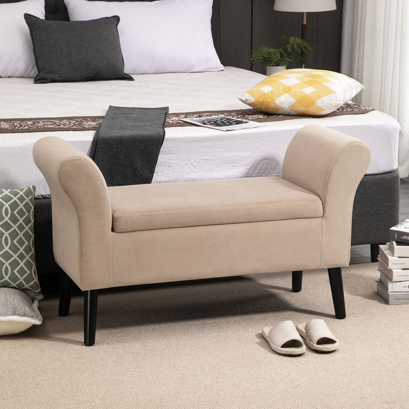 HOMCOM Moderne Polsterbank mit Stauraum und Armlehnen aus Samtartigem Polyester und Gummiholz in Beige, B/T/H: 115,5 x 43,5 x 66 cm - Bild 2