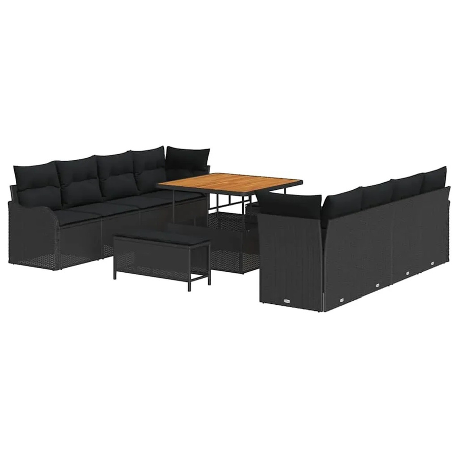 vidaXL 11-teiliges Garten-Sofaset aus schwarzem Polyrattan und Akazie mit Kissen in Schwarz und Braun - Bild 2