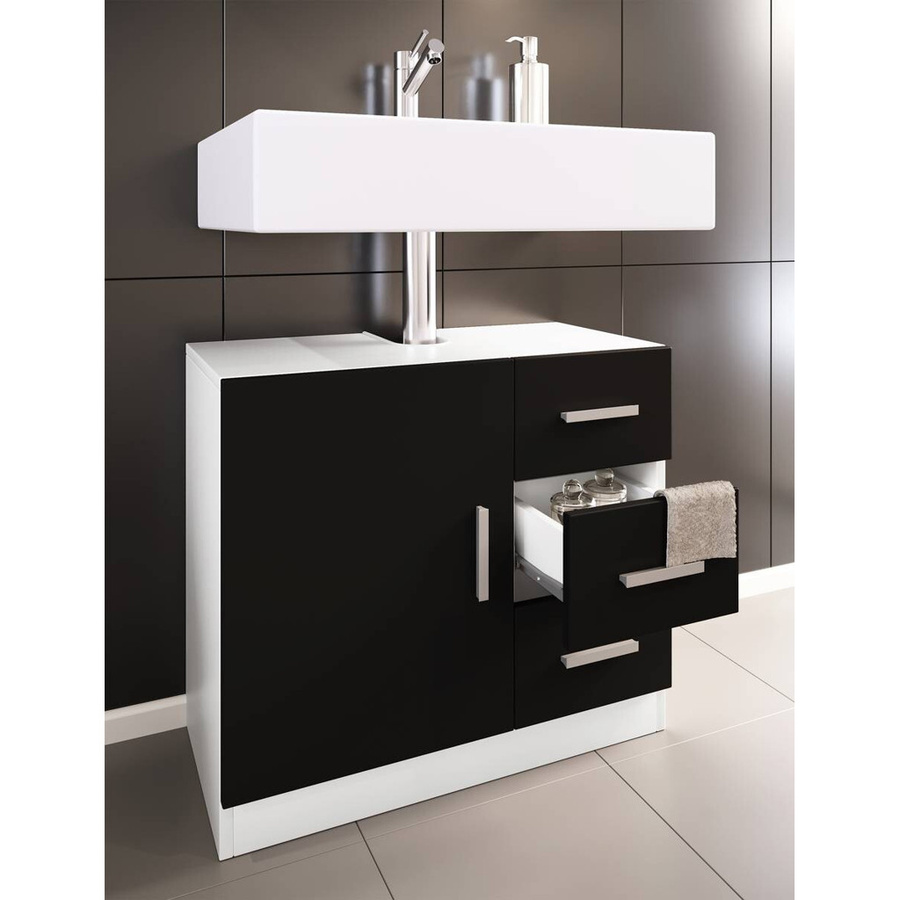 VCM Waschbeckenunterschrank Zalo XL Badschrank mit 1 Drehtür und 3 Schubladen Weiß/Schwarz B/H/T: 63 x 56 x 30 cm - Bild 5