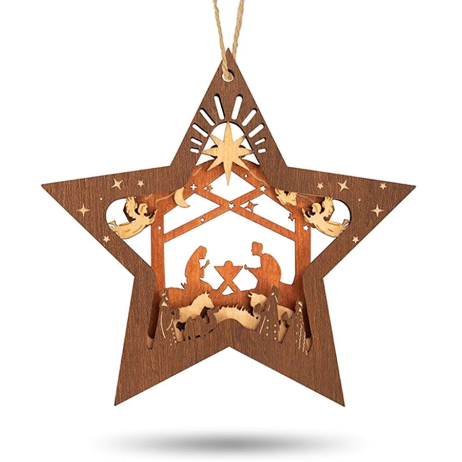Handgefertigter Weihnachtsbaumschmuck aus Holz in Sternform als Krippen-Dekoration, Farbe Braun - Bild 4