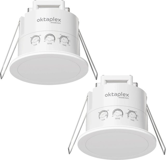 Oktaplex Noa 2er Set HF Präsenzmelder mit 360 Grad Erfassungsbereich, IP65 Unterputz Deckenbewegungsmelder, 6m Reichweite, 230V, Weiß - Bild 1