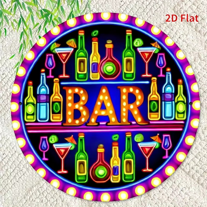 Potdemiel Retro-Bar-Neonschild Wanddekoration aus Metall in Multicolor, rundes Metallschild mit Grafik-Design und vorgebohrten Löchern zum Aufhängen - Bild 2