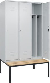 C+P Spind Classic PLUS Garderobenschrank mit Sitzbank, 3 Abteile, B/T/H: 212,0 x 120,0 x 81,5 cm, Farbe: Grau/Schwarz, mit Zylinderschloss und 4 Garderobenhaken - Bild 1