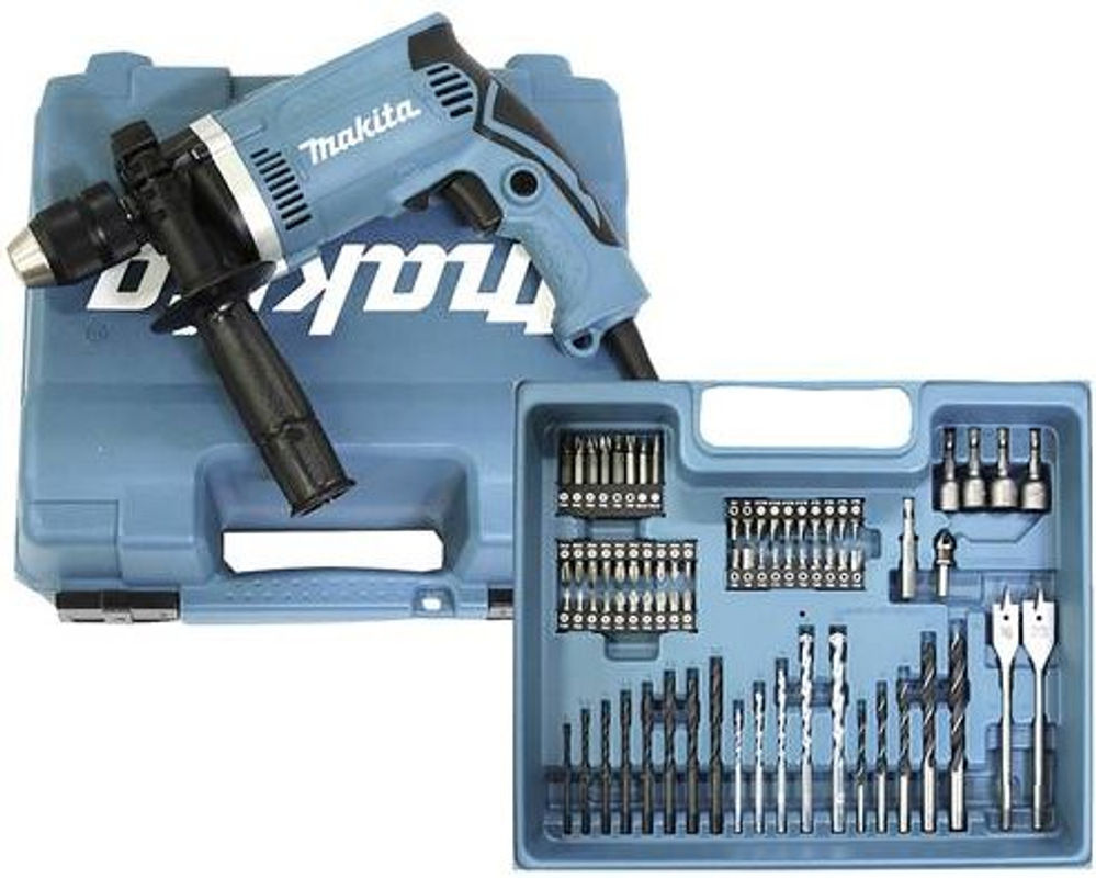 Makita Schlagbohrmaschine HP1631KX3 in Schwarz mit 74-tlg. Zubehörset und Koffer, 710 W - Bild 3