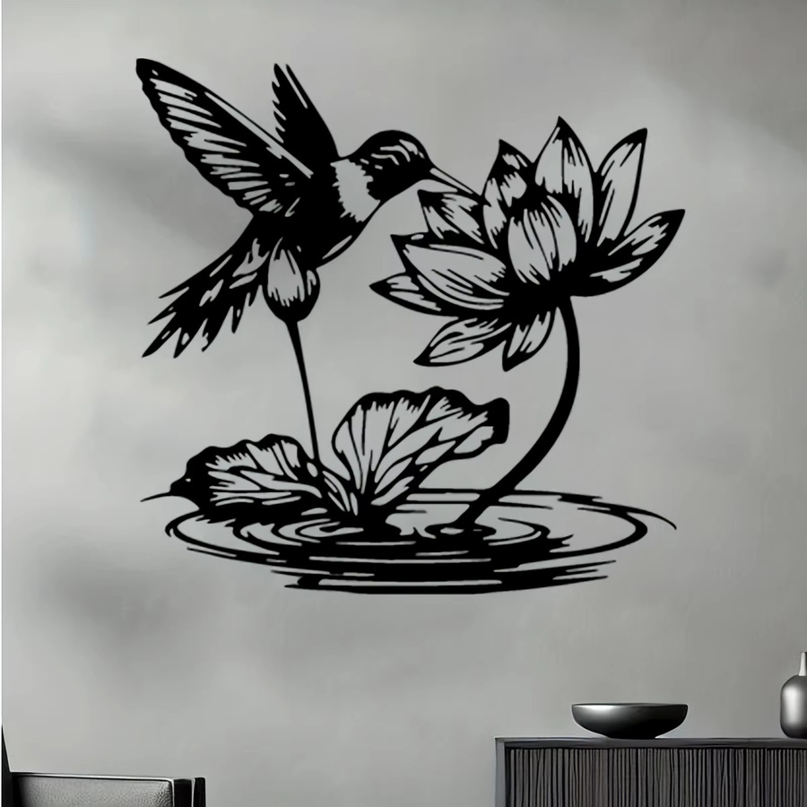 CIFBUY Metall-Wandkunst Kolibri & Lotus Gartenskulptur in Schwarz als Außenzaun-Dekoration - Bild 4