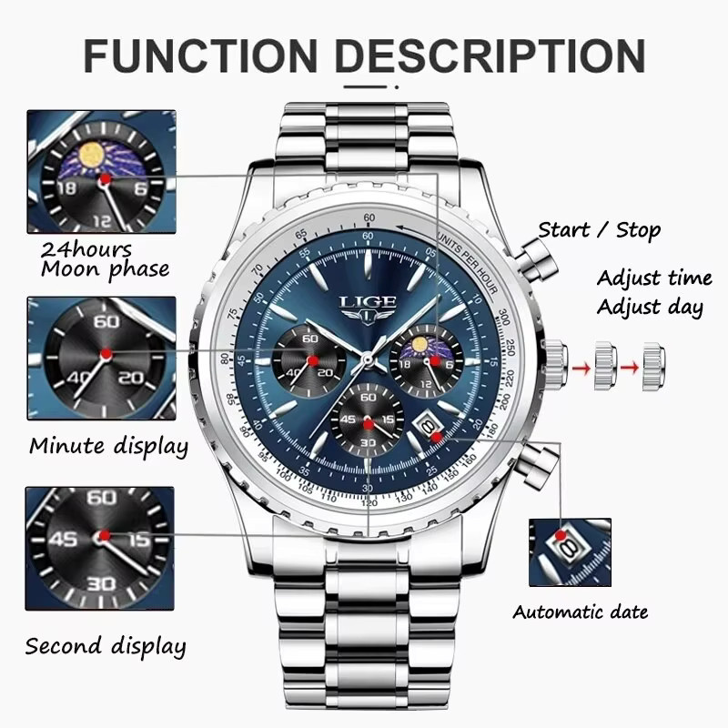 Lige Armbanduhr, Quarz, Chronograph, Edelstahl, Blau, Herren - Bild 3