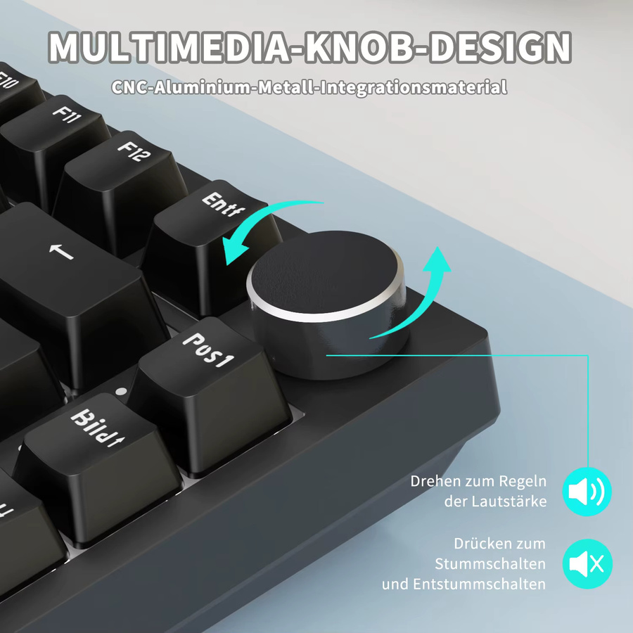 AJAZZ AK820 Mechanische Tastatur in Schwarz mit 82 Tasten, QWERTZ-Layout und Hot-Swap-Lautstärke-Drehknopf - Bild 3