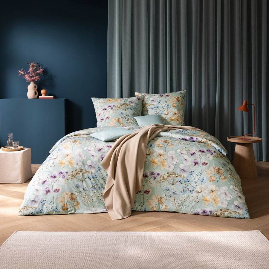 Estella Mako Jersey Bettwäsche Sonja mint Blüten Gräser, Set aus Bettbezug und Kissenbezug, Farbe: Mint/Mehrfarbig, B/H: 155 x 220 cm, Kissen: 80 x 80 cm - Bild 1