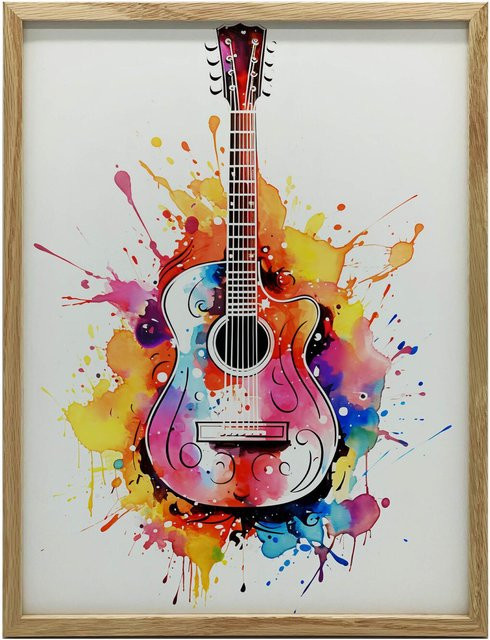 iKable Wandbild Gitarre in Regenbogenfarben mit schwarzem Aluminiumrahmen, Breite: 40 cm, Höhe: 50 cm - Bild 1