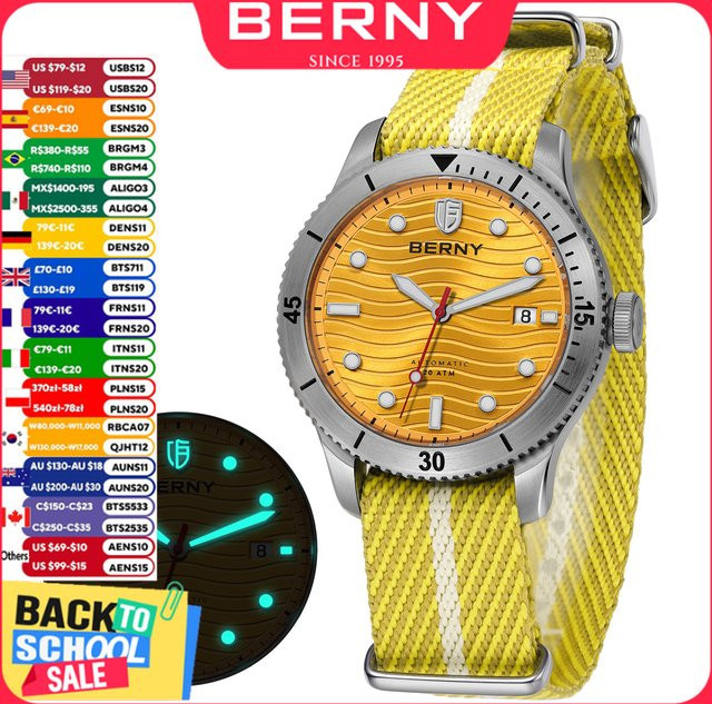 BERNY Taucheruhr, Automatik, Edelstahl, Saphirglas, Textil/NATO, Herren - Bild 1